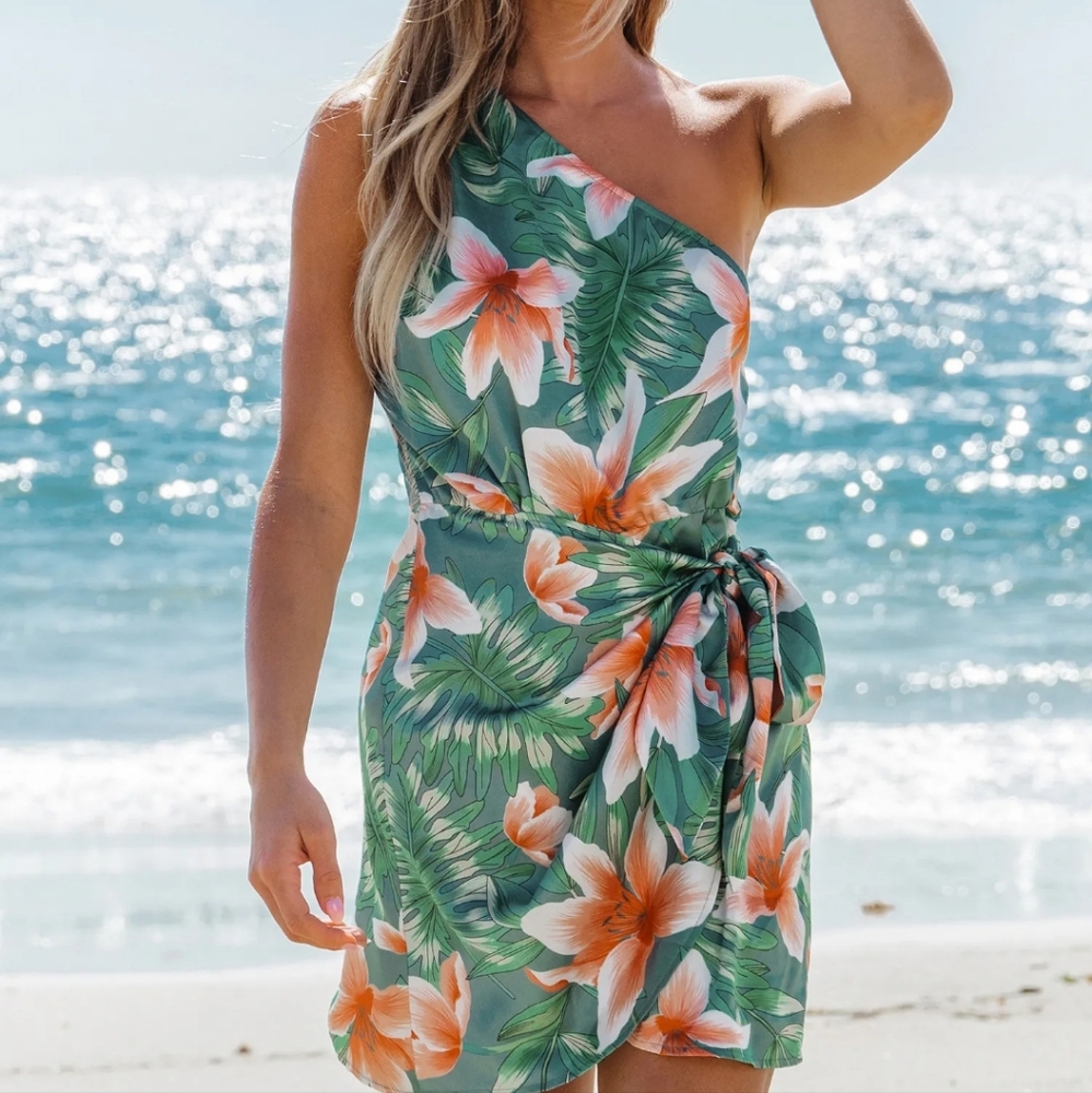 BRAND NEW Green & Prink Tropical One-shoulder wrap skirt mini dress